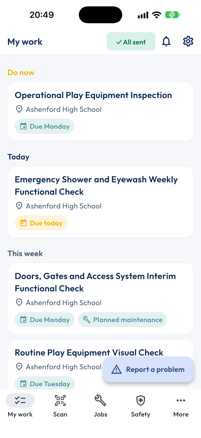 The caretaker's task list on the EstatesBase app, showing today's tasks with their sites and due dates.